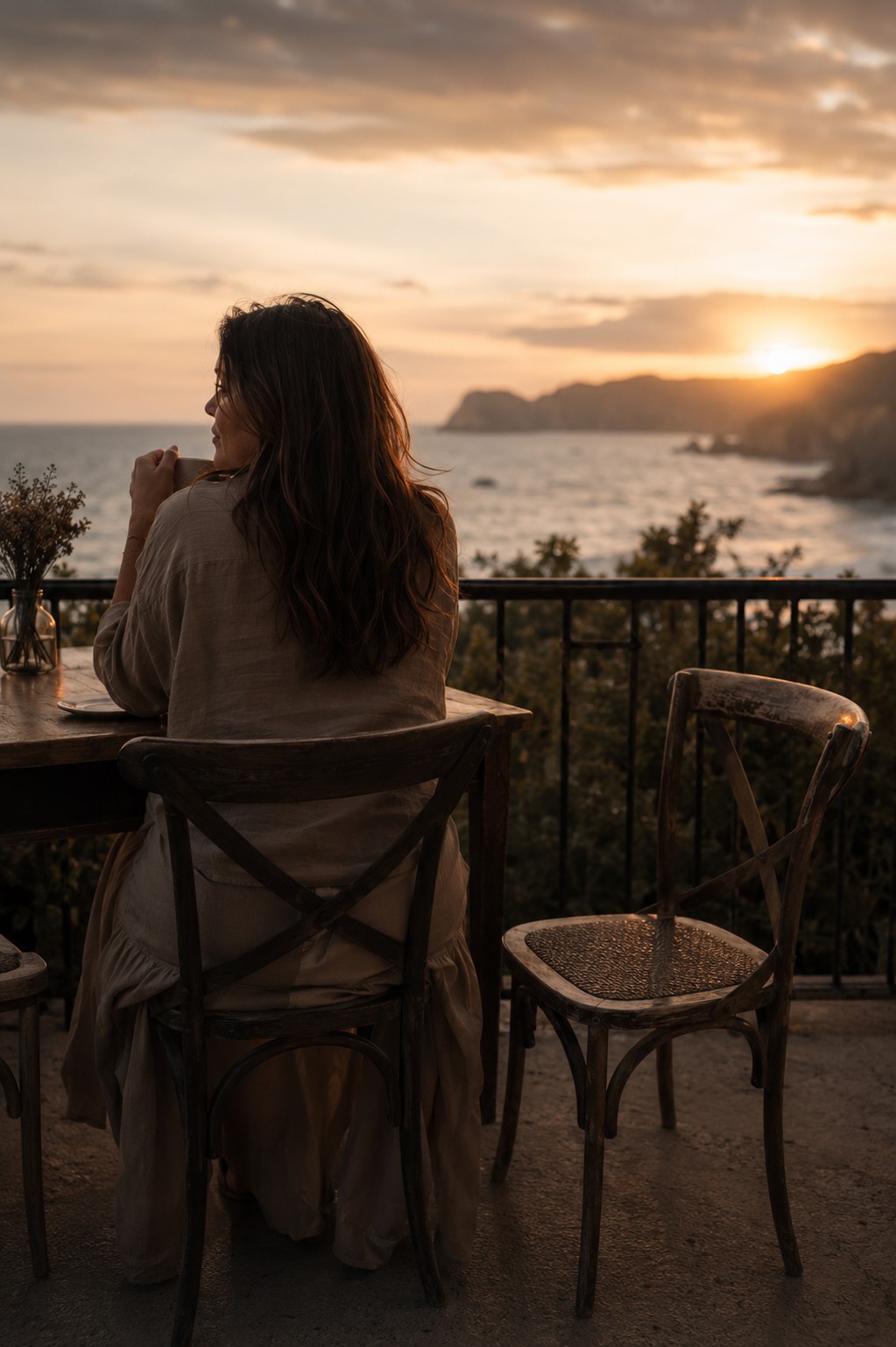 Mujer sentada en una terraza frente al mar, con una silla vacía a su lado