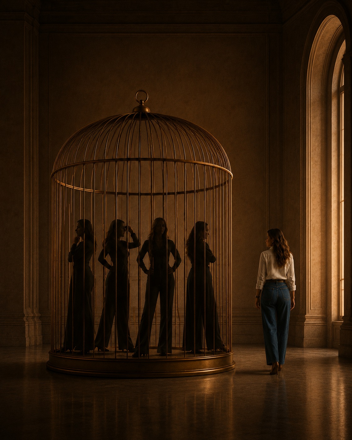 Mujer caminando junto a una jaula dorada en una escena editorial